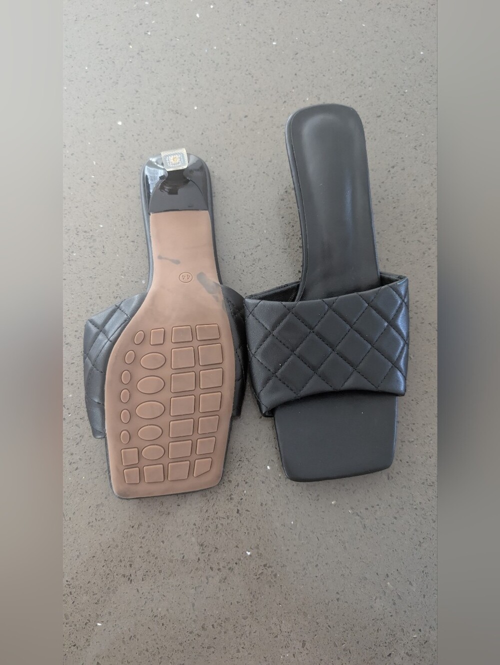 Black Quilted Slide Sandals - Square Toe Slip-On Size 44 Or 12 ¹/² - Picture 4 of 9